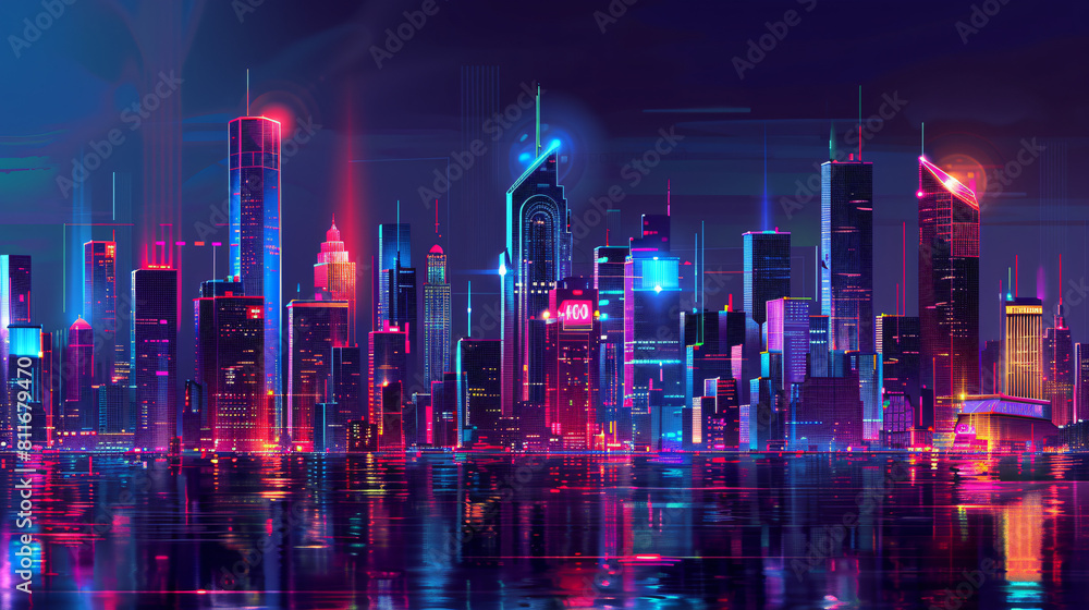 Night city background Urban skyscrapers in neon colors