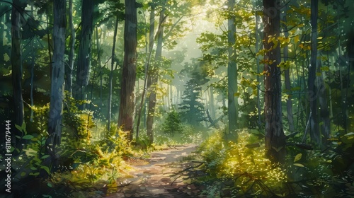 The photo shows a beautiful forest with a path in the middle. The sun is shining through the trees.