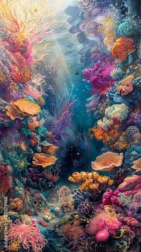 Underwater world. Beautiful bright coral reef with exotic fishes.