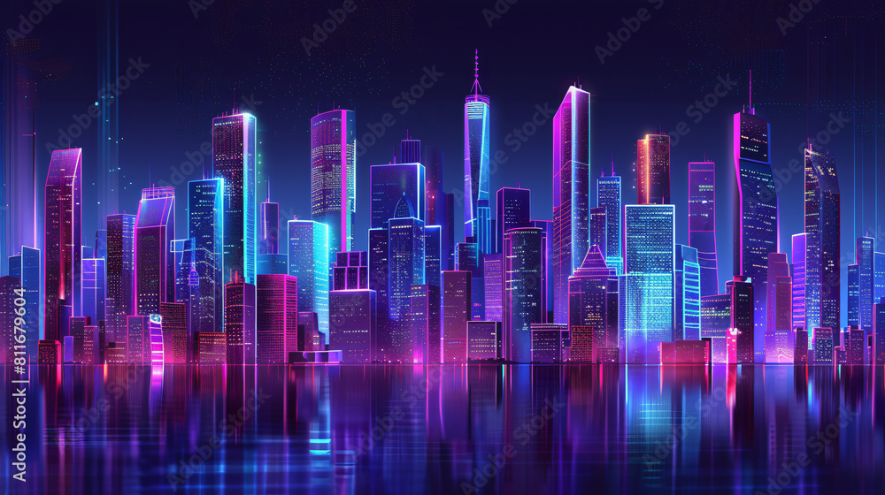 Night city background Urban skyscrapers in neon colors