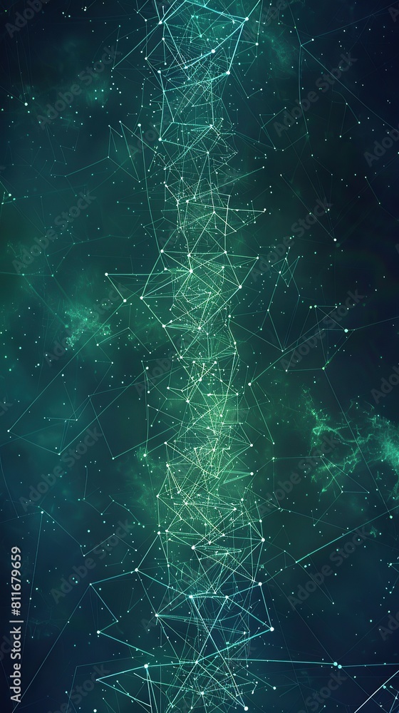 A sophisticated vertical pattern of glowing cyan and pale green connections forming a serene plexus network over a dark teal canvas, with ample space for text at the lower third A sophisticated vertical pattern of glowing cyan and pale green connections forming a serene plexus network over a dark teal canvas, with ample space for text at the lower third