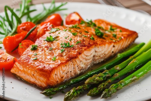 Baked salmon garnished with green asparagus on a white plate