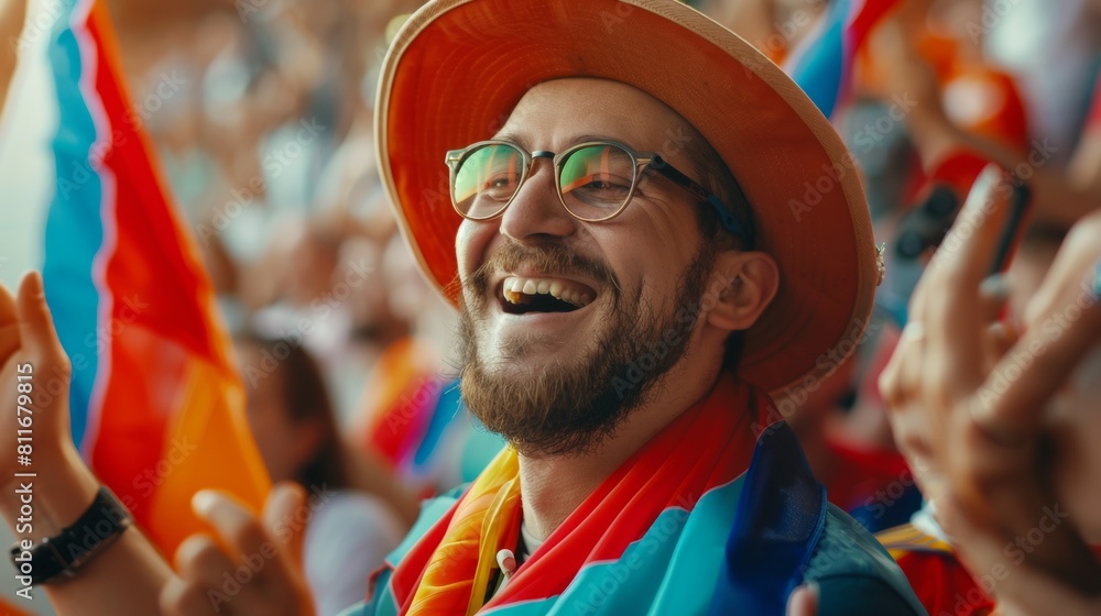 Jubilant Fan in Colorful Outfit Cheering at Event Jubilant Fan in Colorful Outfit Cheering at Event