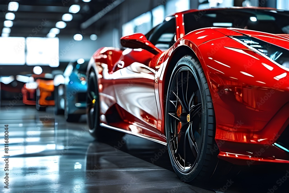 A blurred image of a new red car parked in a showroom at a car dealership. A blurred image of a new red car parked in a showroom at a car dealership.