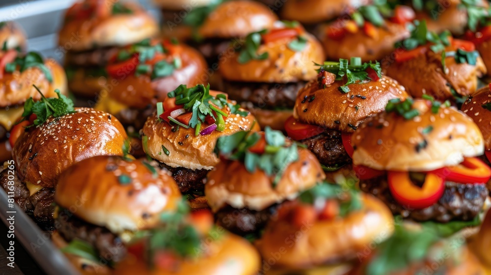 Mini Burgers on Tray | Delicious Snack Food for Parties, Catering Events, and Restaurant Menus Mini Burgers on Tray | Delicious Snack Food for Parties, Catering Events, and Restaurant Menus