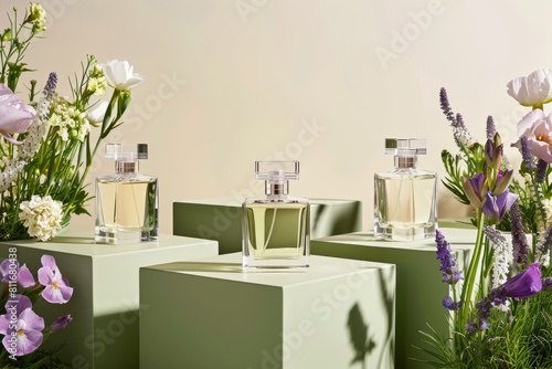 Design a chic display with pampering leaves and compounds in a bottle, where rustic, eco-friendly elements meet the indulgent appeal of perfume in a boutique setting