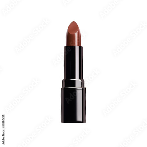 A single lipstick with a rich, warm brown shade, placed on top of an explosion of chocolate powder against a white background