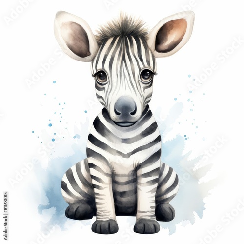 2D Cute baby zebra watercolor illustration.