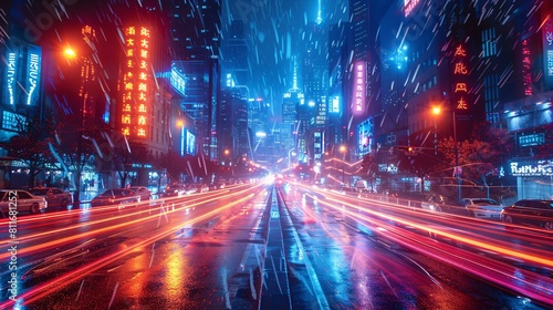 Illuminated urban street with motion blur.