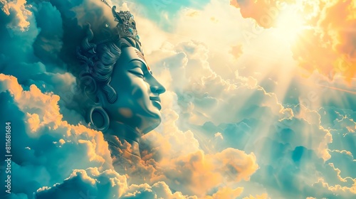 A buddha head in the clouds with sun shining through. photo
