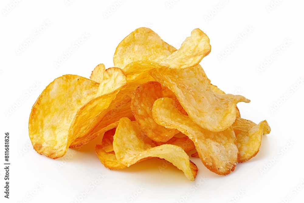 Crispy potato crisps on a blank backdrop. Crispy potato crisps on a blank backdrop.