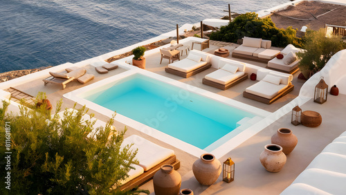 arafed view of a pool and lounge chairs on a patio overlooking the ocean, greek pool © Abdul