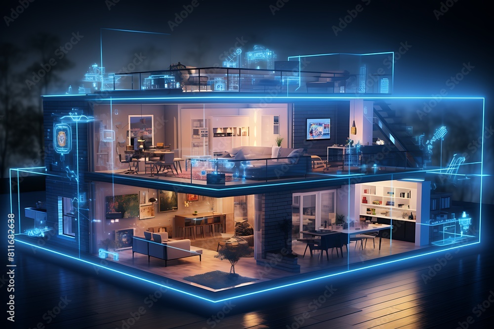 3D rendering of a house with blue lights in the living room, network connection 3D rendering of a house with blue lights in the living room, network connection