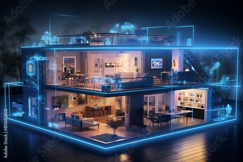 3D rendering of a house with blue lights in the living room, network connection © Creative