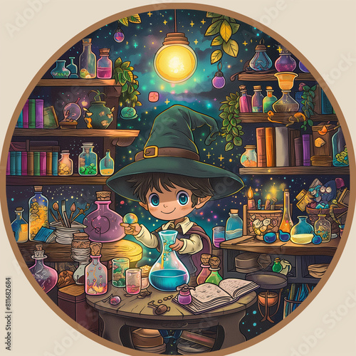 young wizard apprentice brewing potions in a cozy, cluttered laboratory surrounded by colorful spell books, magical ingredients, and mischievous familiars photo