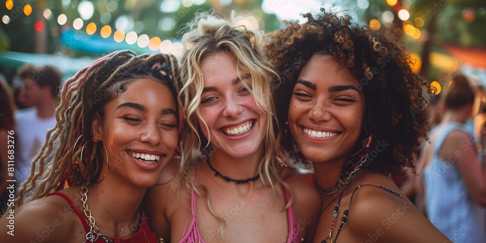 Three gal pals revel in the joy of a summer music fest, cherishing their bond amidst the vibrant atmosphere, captured on 35mm film. Three gal pals revel in the joy of a summer music fest, cherishing their bond amidst the vibrant atmosphere, captured on 35mm film.