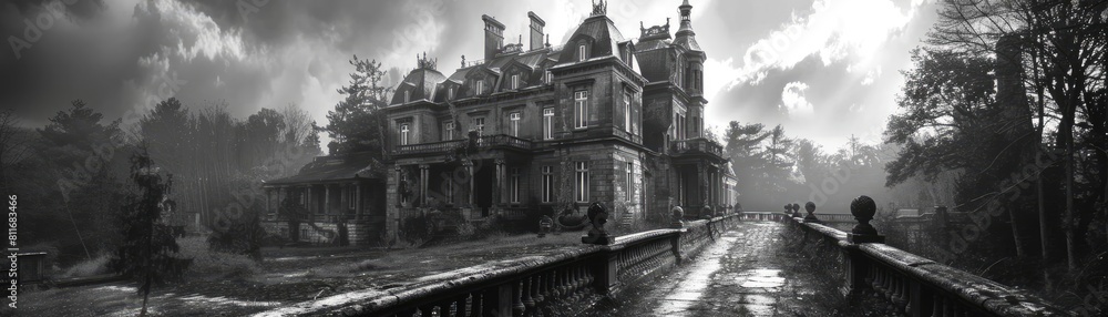 Capture the eerie essence of a dilapidated mansion at dusk with intricate shadows and intricate architectural details in haunting black and white photography