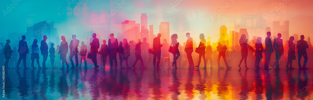 A group of business people, a team of colleagues, diversity, silhouette, double exposure, human ressource and business background A group of business people, a team of colleagues, diversity, silhouette, double exposure, human ressource and business background