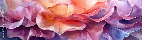 Capture the delicate intertwining of intertwining rose petals in vibrant watercolors, evoking the essence of romance in a close-up shot photo