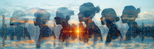 A group of business people, a team of colleagues, diversity, silhouette, double exposure, human ressource and business background photo