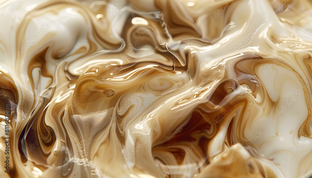 close up of milk swirling with coffee, side view, in a glass, iced coffee, beautiful patterns close up of milk swirling with coffee, side view, in a glass, iced coffee, beautiful patterns