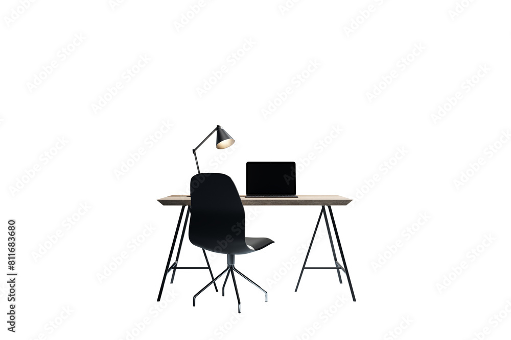 A minimalistic home office setup with a chair, desk, laptop, and lamp against a white background, emblematic of remote work A minimalistic home office setup with a chair, desk, laptop, and lamp against a white background, emblematic of remote work