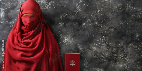 Tradition and cultural diversity in a portrait of a woman, Muslim girl wrapped in a red abaya.  photo