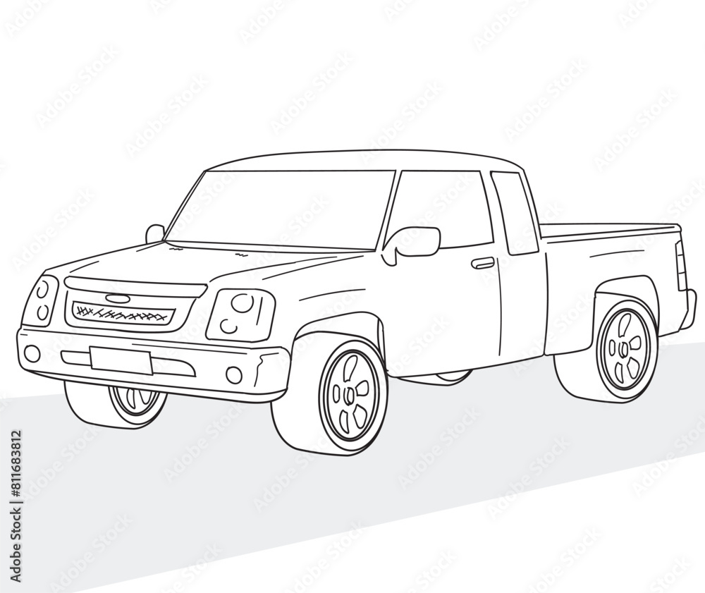 Four-window pickup truck. Cartoon lines for children.