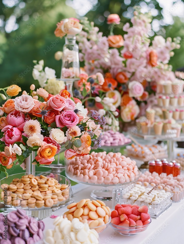 Elegant dessert display for a wedding reception.