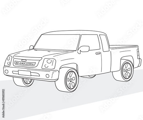 Four-window pickup truck. Cartoon lines for children.