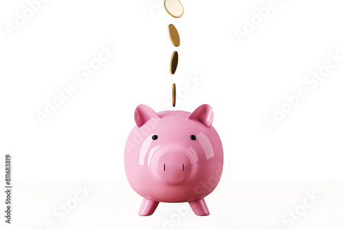 A pink piggy bank with coins falling into the slot, set against a white background, representing savings concept