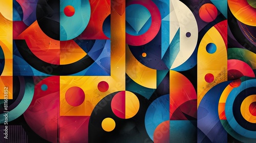 Craft an abstract masterpiece using bold geometric shapes and a vibrant color palette to express the dynamic harmony between music and emotion in a digital medium