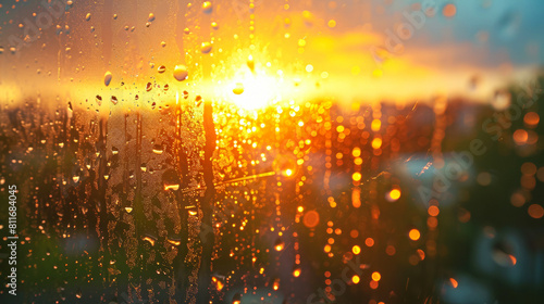 Raindrops create a rhythmic dance on a sunlit window, casting a soft glow on the world outside