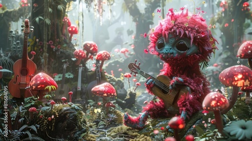 Illustrate a fantastical musical realm with whimsical creatures playing instruments, blending surrealism with photorealistic digital techniques