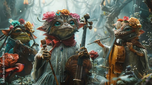 Illustrate a fantastical musical realm with whimsical creatures playing instruments, blending surrealism with photorealistic digital techniques