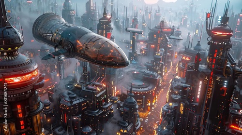 Immerse viewers in a high-angle view of a Utopian cityscape with futuristic architecture photo