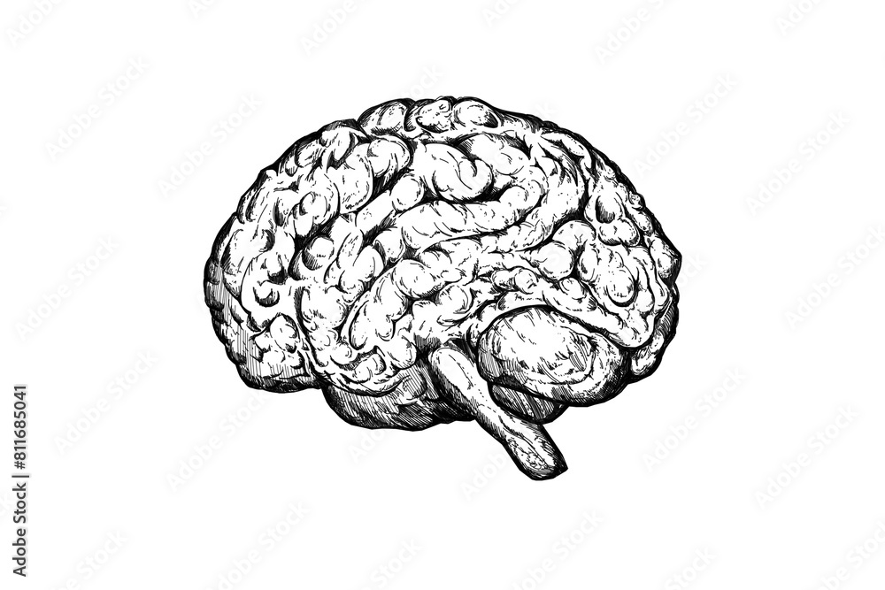 Hand-drawn illustration of a human brain on a white background, in a sketched style, depicting the concept of intelligence or mental health Hand-drawn illustration of a human brain on a white background, in a sketched style, depicting the concept of intelligence or mental health