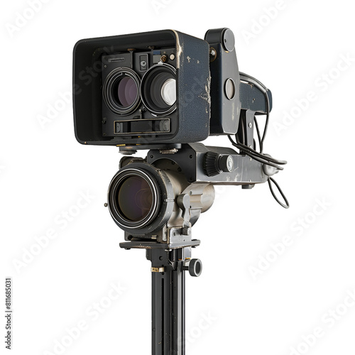 close up of video camera, white background