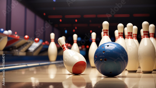 A bowling ball is sitting in front of a bowling lane with all the pins standing.