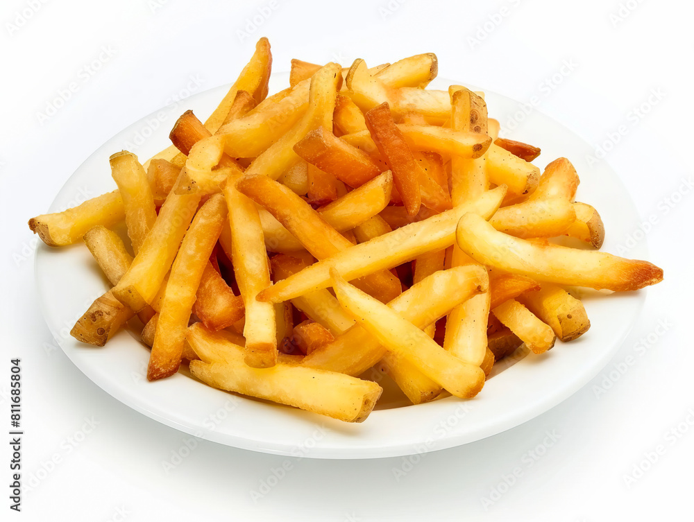 A plate of french fries on a white background. A plate of french fries on a white background.