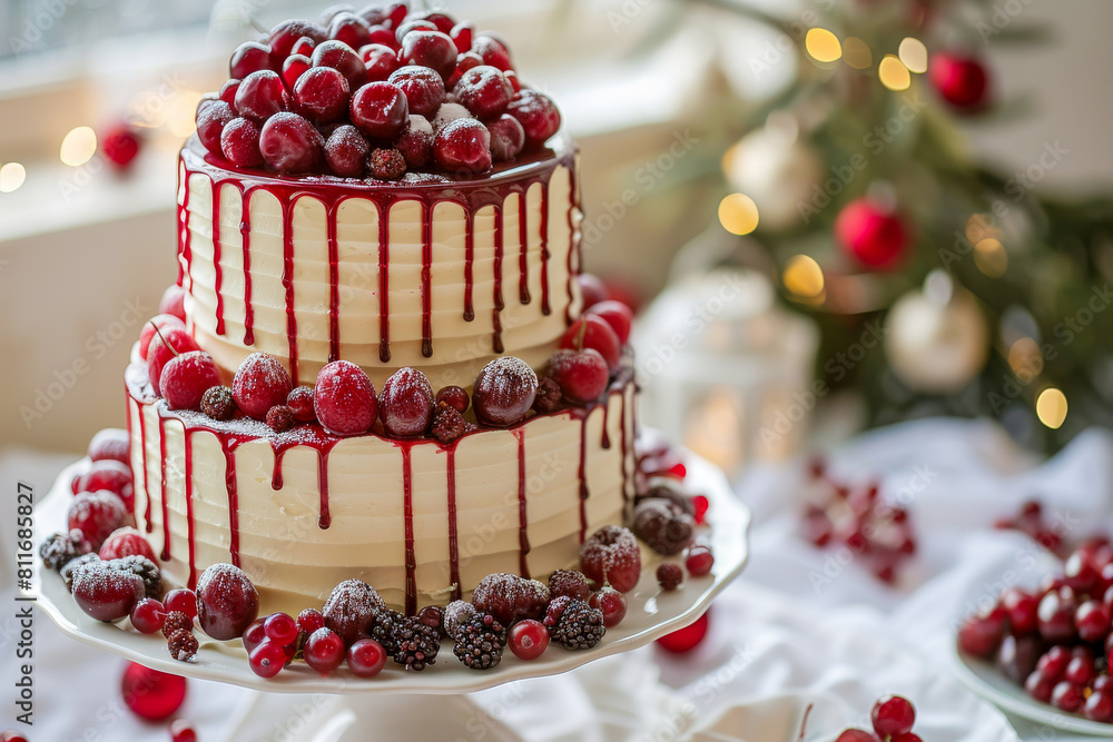 Festive Multi Layered Berry Drip Cake on Elegant Holiday Table Setting Festive Multi Layered Berry Drip Cake on Elegant Holiday Table Setting
