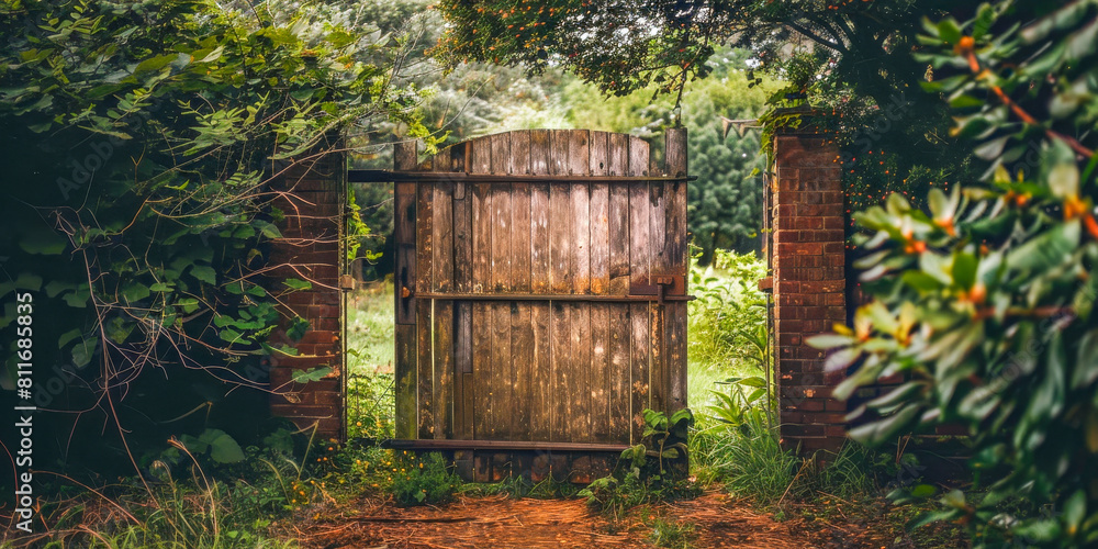 Rustic Wooden Gate Amidst Lush Green Garden Rustic Wooden Gate Amidst Lush Green Garden