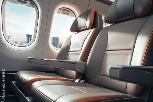 Interior of airplane with seats and window view. 3D rendering