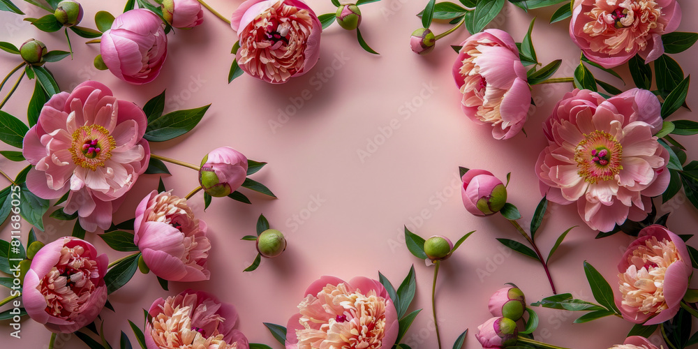 Elegant Frame of Pink Peonies on Pastel Background for Spring Decor Elegant Frame of Pink Peonies on Pastel Background for Spring Decor