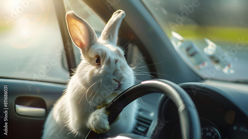 White gray rabbit in the car Peeps from behind the wheel of a car  .Generative AI © adan