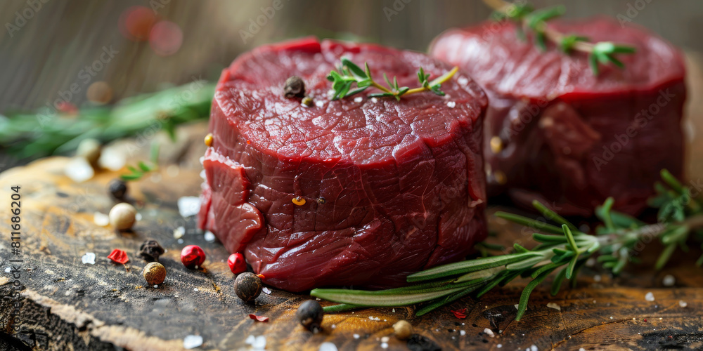 Fresh Raw Beef Steaks with Rosemary and Peppercorns on Rustic Wooden Background Fresh Raw Beef Steaks with Rosemary and Peppercorns on Rustic Wooden Background