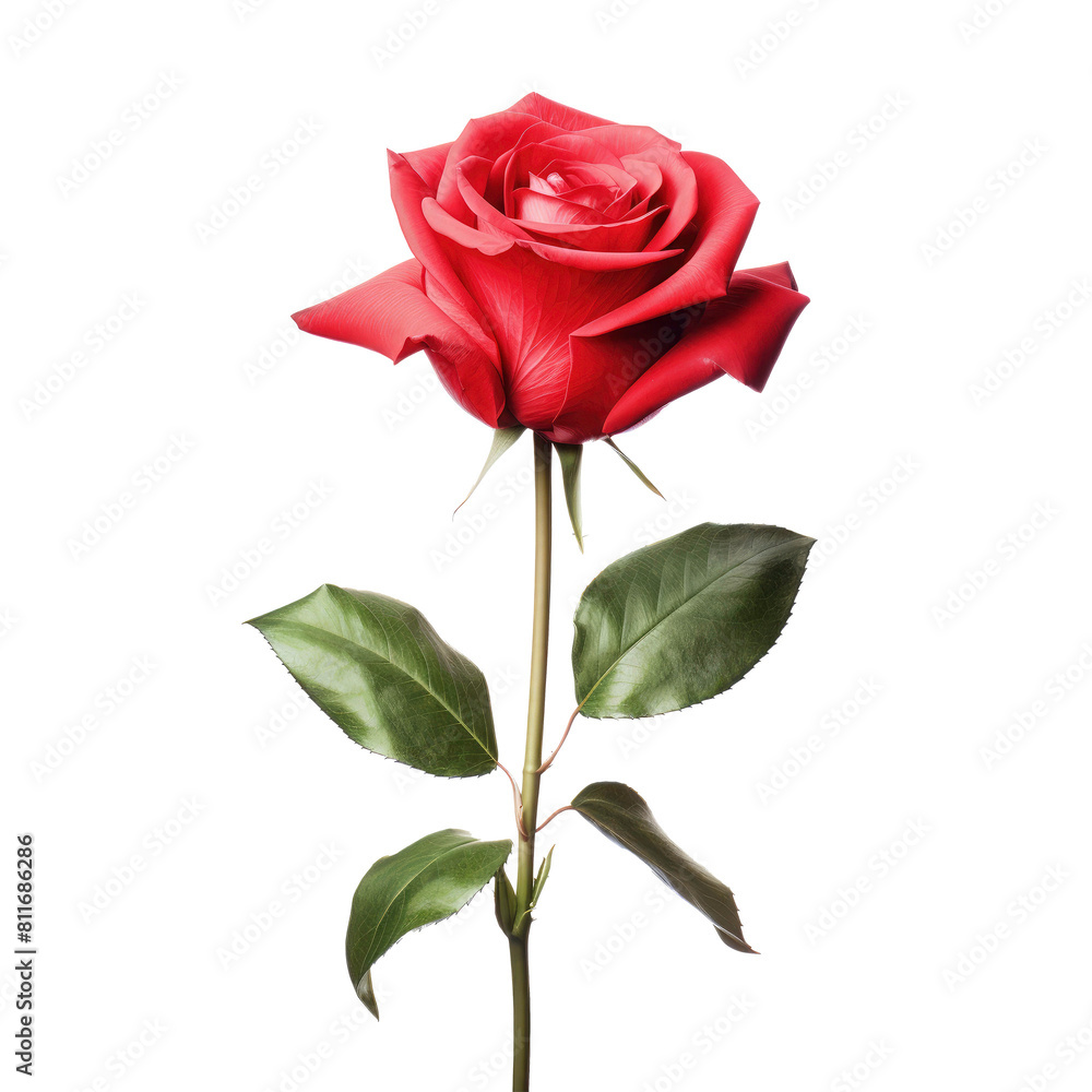 Naklejka premium Red rose with leaves on the stem isolated on transparent background 