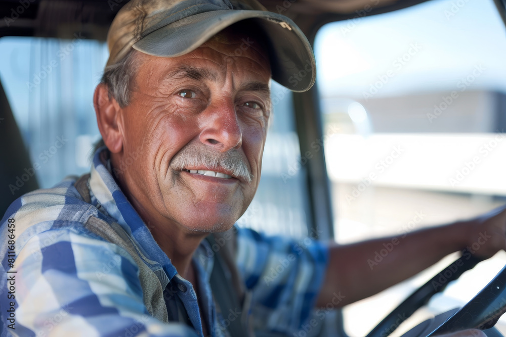 A man in a truck is smiling and driving A man in a truck is smiling and driving