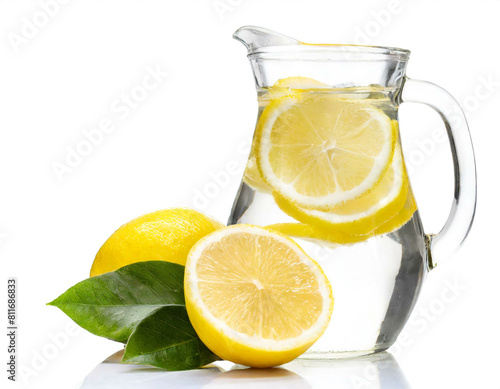 Wasser in Kanne mit Zitronenscheiben isoliert auf weißen Hintergrund, Freisteller 