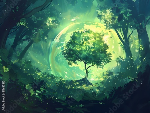 of Lush Green Forest with Earths Globe Emerging from Within Symbolizing Ecofriendly Themes